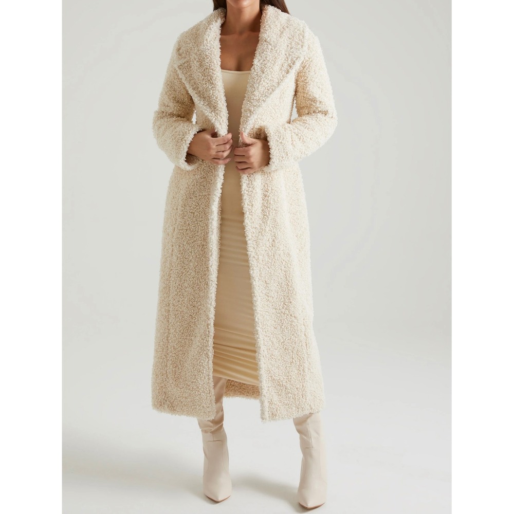 Oh Polly Cream Teddy Borg Faux Fur Longline Maxi Coat XS Ivory NWT
